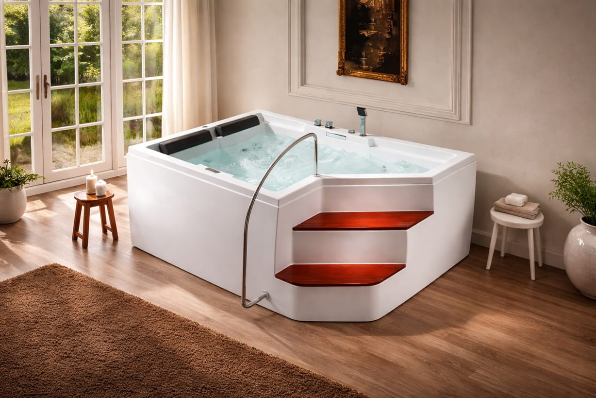 Whirlpool bathtub with therapeutic jets and spa-inspired bathroom design